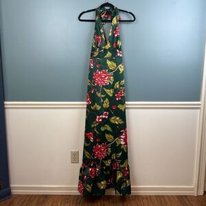Vintage Island Fashions Maxi Halter Dress Women's 12 Made In Hawaii Green Floral